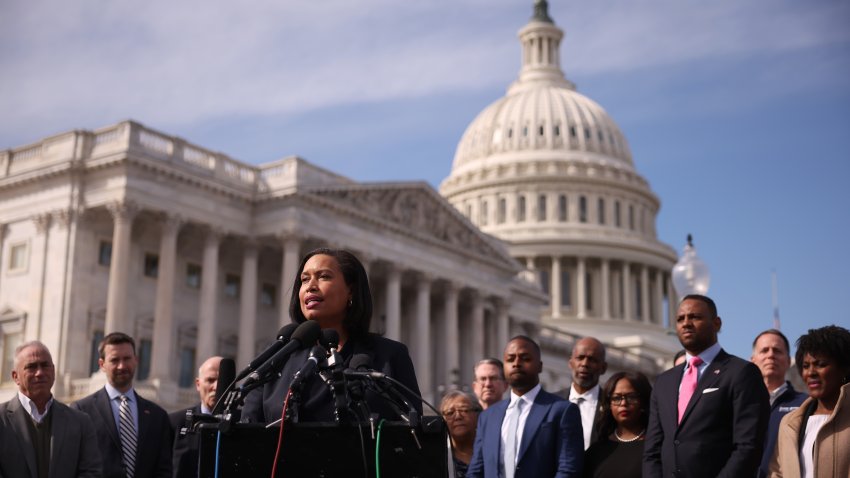 WASHINGTON, DC – MARCH 10: Washington, DC Mayor Muriel Bowser, joined by Delegate Eleanor Holmes Norton (D-DC), Washington, DC Council Chair Phil Mendelson and other city officials, holds a press conference outside the U.S. Capitol on March 10, 2024 in Washington, DC. The group spoke out against the House Republican’s proposed continuing resolution, saying it will cut funds to public safety and schools in Washington, DC (Photo by Kayla Bartkowski/Getty Images)