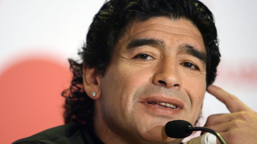 Former Argentinian international football player Diego Armando Maradona is seen at a press conference following his agreement to become a commentator for a Spanish television channel during the World Cup, 24 May 2006 in Madrid.     AFP PHOTO/ PIERRE-PHILIPPE MARCOU (Photo credit should read PIERRE-PHILIPPE MARCOU/AFP via Getty Images)