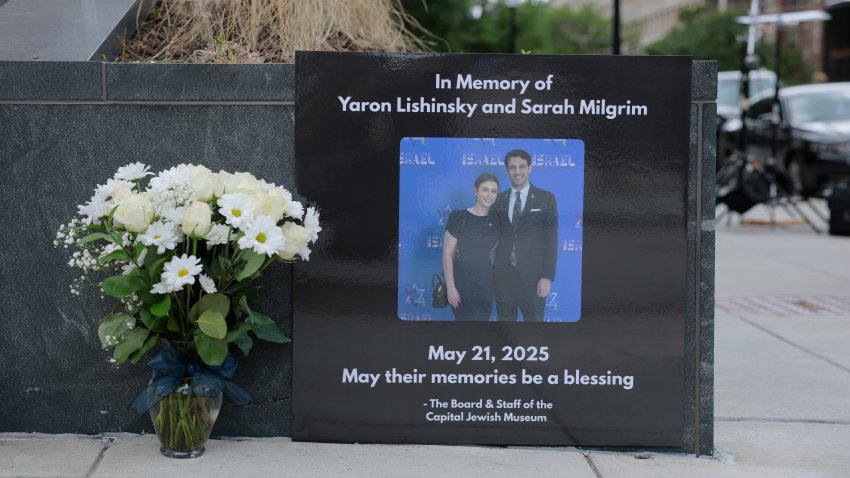WASHINGTON, DC – MAY 23: A tribute and flowers for Israeli Embassy staff members Yaron Lischinsky and Sarah Lynn Milgrim are seen outside the Lillian and Albert Small Capital Jewish Museum on May 23, 2025 in Washington, DC. A suspect, identified as Elias Rodriguez, has been arrested and charged with first-degree murder and other crimes for the killing the two Israeli Embassy staff members outside of the Capital Jewish Museum. (Photo by Anna Moneymaker/Getty Images)